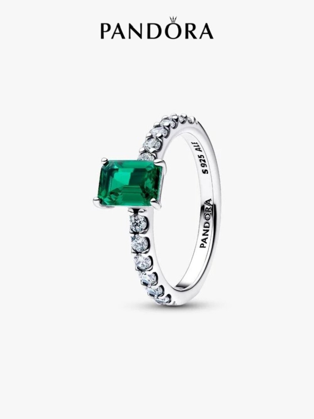 Pandora Rectangular Sparkling Green Halo Ring